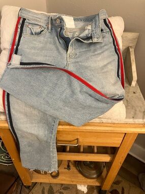 MOTHER Light Wash Jeans with Red & Navy Side Stripes Frayed Hem Sexy Cute Love!!